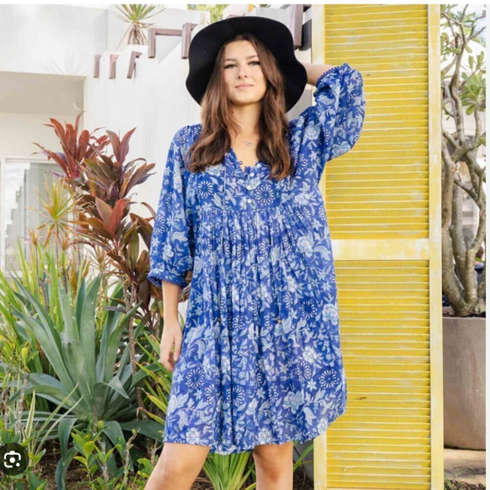 Dolma Blue Floral Print Flowy Bohemian Baby Doll Mini Dress